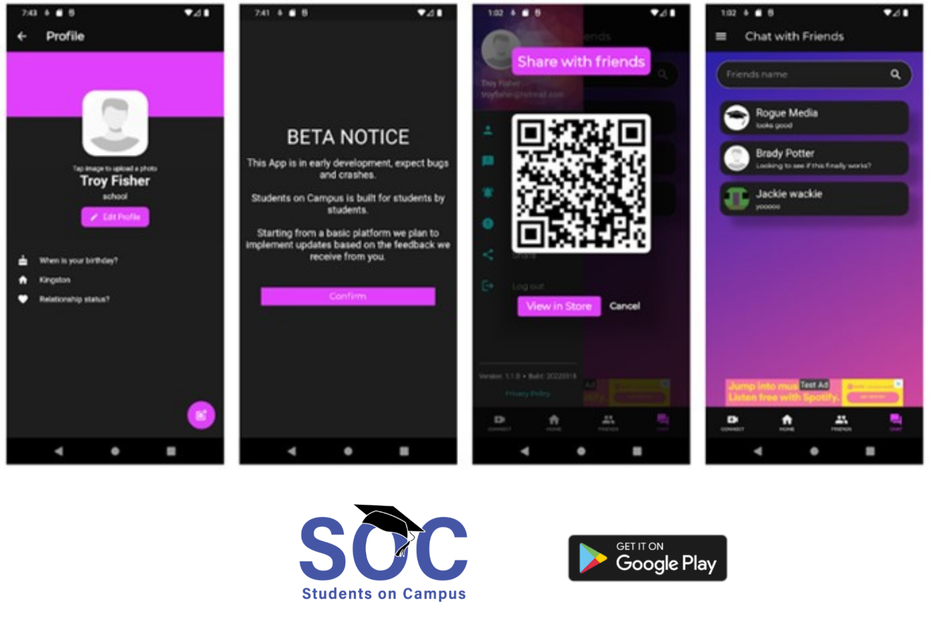 Screenshots of the Students on Campus app interface are shown, alongside the SOC and Google Play logos.